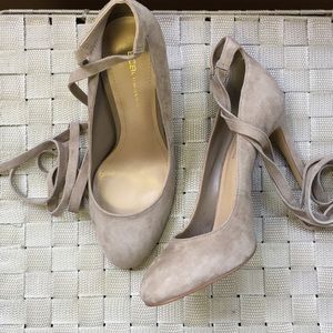BCBGeneration Ankle-Tie Neutral Suede Heels NWB